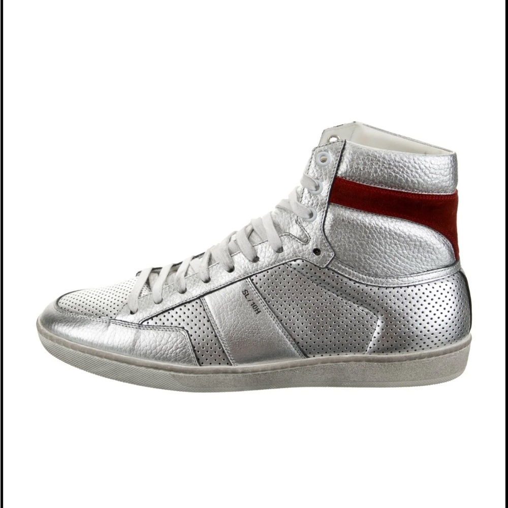 Saint Laurent Silver and Red High-Top Sneakers